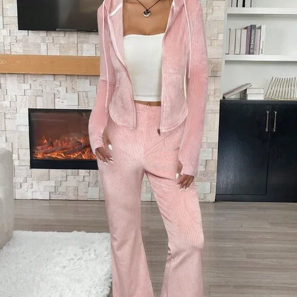 Pink Casual Women's Ribbed Thermal Lined 2-Piece Lounge Set